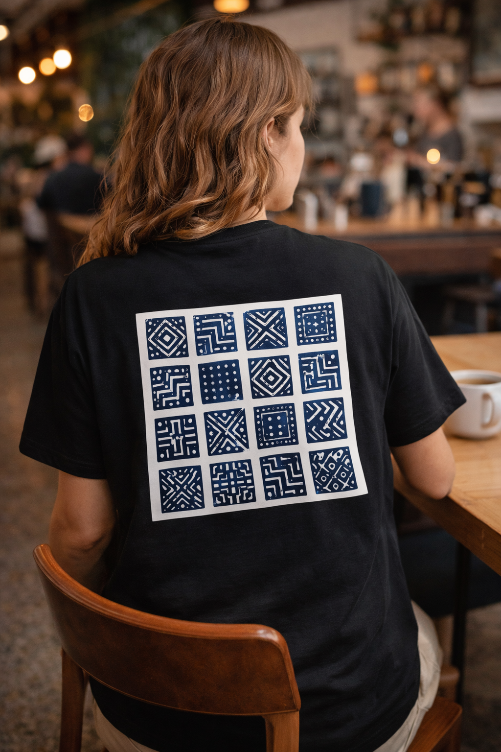 SĀNTI Dabu Grid Tee – Indigo Block Print | Statement Back T-Shirt