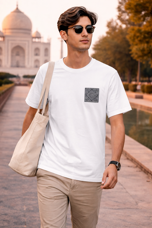 SĀNTI Dabu Grid Tee – Indigo Block Print | Statement Back T-Shirt