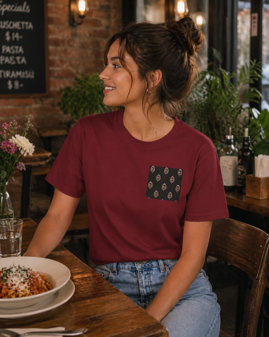 SANTI Heritage Bagh Buta Pocket Tee – Minimal Indian Block Print Streetwear T-Shirt