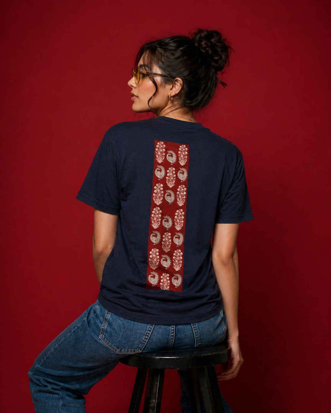 SANTI Heritage Bagh Peacock Buta Tee – Indian Hand Block Print Minimalist Streetwear T-Shirt