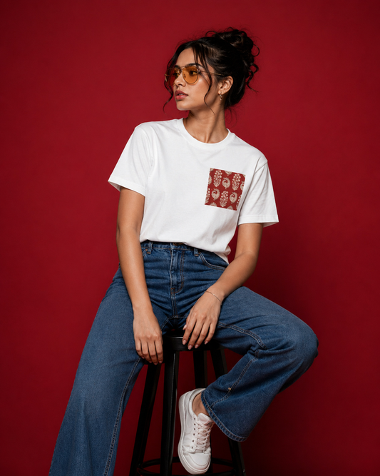 SANTI Heritage Bagh Peacock Buta Tee – Indian Hand Block Print Minimalist Streetwear T-Shirt
