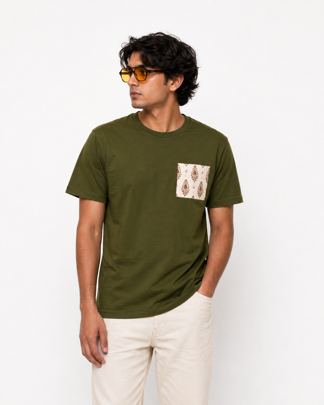 SĀNTI Heritage Buta Pocket Tee | Indian Handblock Inspired Minimalist T-Shirt